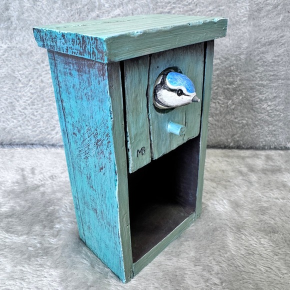 Hand Painted Folk Art Resin Wall Cubby Bluebird Cottagecore Rustic Birdhouse - Picture 4 of 5